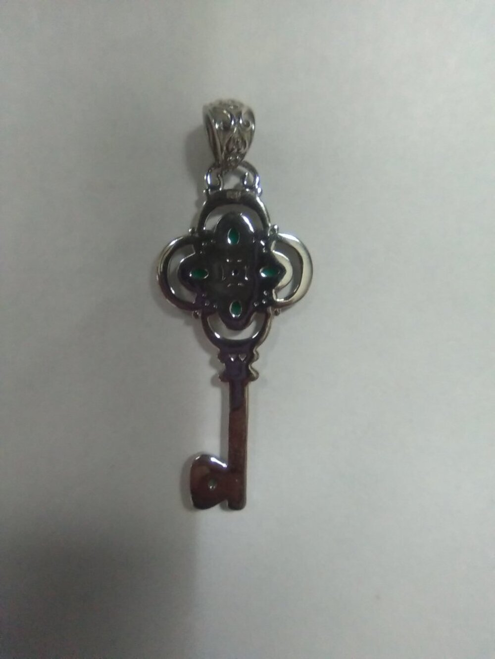 Silver Key Pendant with Green Chalcedony Accents - Picture 2 of 3